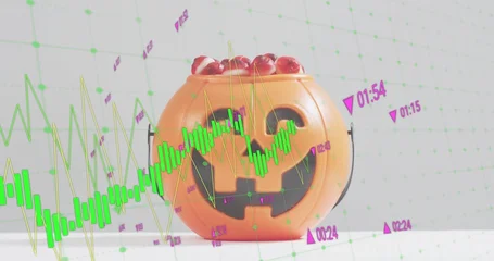 Fotobehang Vlees Displaying orange jackolantern bucket holding red candy on white table in studio, with green bars  © vectorfusionart