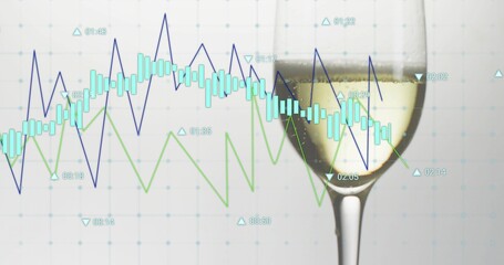 Displaying stemmed wine glass with white wine in studio, refracting blue green graphs, copy space