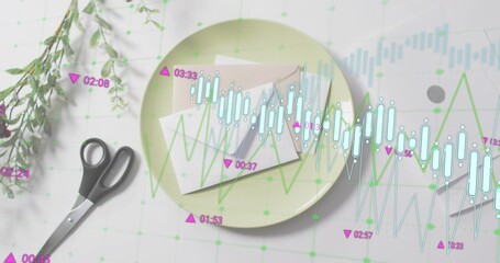 Displaying pale green plate holding two folded papers on grid desk, showing market overlay