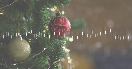 Hanging red bauble glowing on pine branch in cozy living room, audio waveform overlay