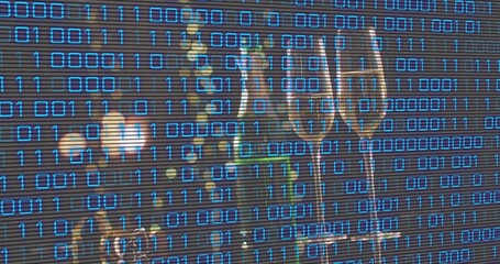 Standing two champagne flutes catching warm light on table, slatted blinds, binary code, copy space © vectorfusionart