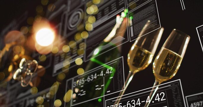 Showing two champagne flutes bubbling on right in party bar, green bottle, HUD readouts, copy space