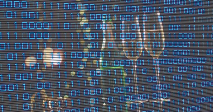 Standing two champagne flutes catching warm light on table, slatted blinds, binary code, copy space - Powered by Adobe