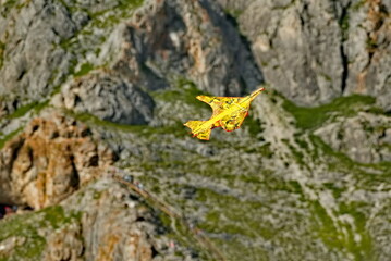 Russia. The South of Western Siberia, the Altai Mountains. A kite soaring in the sky in the form of an airplane against the background of the Altai mountains.