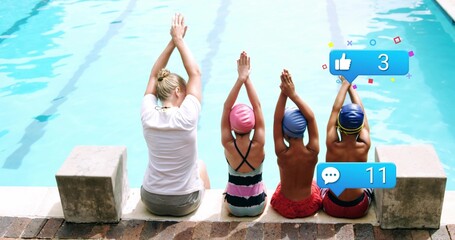 Sitting woman in white T-shirt, three kids in swim caps stretching at pool with social icons