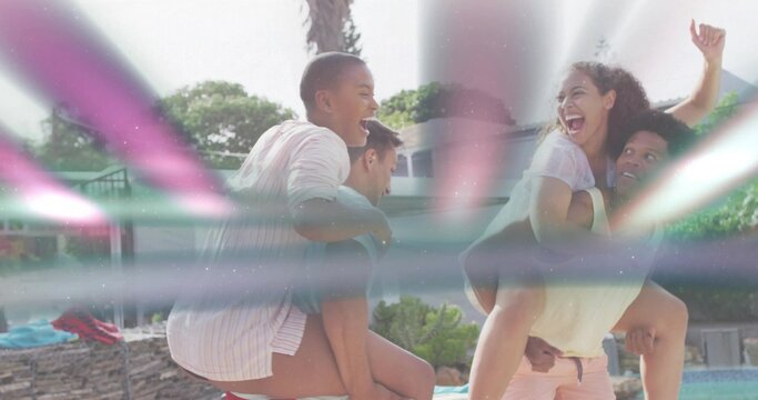 Laughing four adults giving piggyback rides at backyard pool by palm, in swimwear with lens-flare - Powered by Adobe