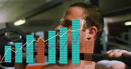 Holding male lifter gripping barbell while wearing tank top at gym, turquoise chart overlay