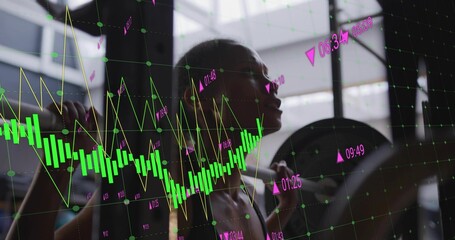 Holding barbell, mid-adult woman in sportswear squatting at gym with weight plate and chart overlay