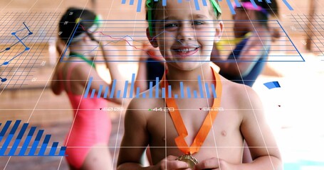 Holding gold medal, shirtless boy smiling at pool wearing green cap, orange ribbon, HUD overlays