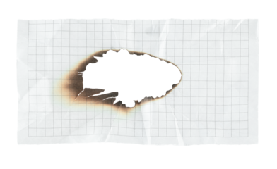 Burned notebook paper sheet with a scorched hole in the center, isolated on transparent background. Ideal for creative design, collage, scrapbooking, and graphic projects