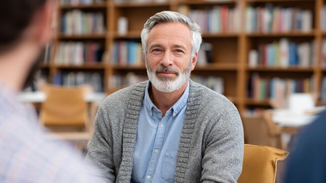Man in library with beard and mustache.