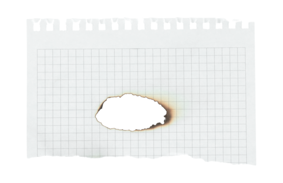 Burned notebook paper sheet with a scorched hole in the center, isolated on transparent background. Ideal for creative design, collage, scrapbooking, and graphic projects - Powered by Adobe