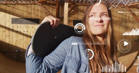 Holding skateboard, woman in denim shirt posing on wooden ramp under pergola roof, HUD graphics