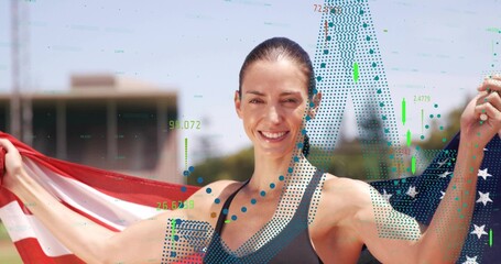 Smiling woman wearing black athletic tank top holding two flags at stadium, with digital overlay