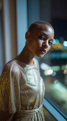 Glamorous Woman in Shimmering Gold Dress by Night City Window