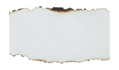 Burnt torn piece of grid notebook paper with charred edges, isolated on transparent background. Suitable for creative design, scrapbooking, collage, and graphic projects