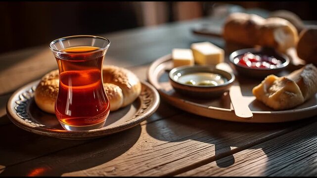 Traditional Turkish breakfast, simit bread, tea rotating close-up, delicious morning.