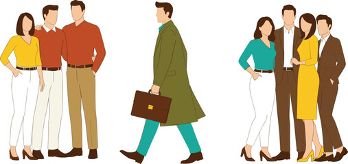 Group of fashionable business professionals posing together with a walking businessman holding a briefcase, representing teamwork, corporate lifestyle, and modern office culture in vector style