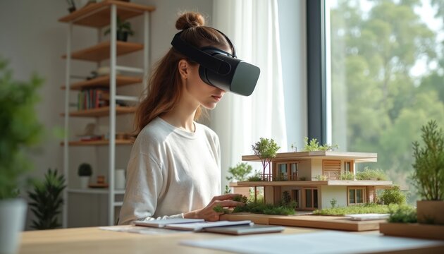 Woman uses VR headset and AR glasses to design modern house model. She works on architectural project with futuristic tech for home creation and planning in her studio. - Powered by Adobe