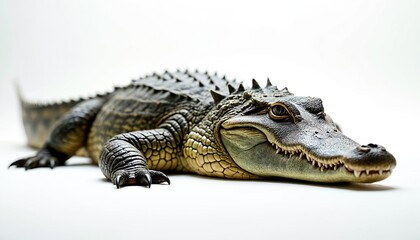 Obraz premium Large alligator reptile lies on white background. Its scaly skin, sharp teeth, and powerful jaws are visible. Animal looks directly at camera with its intense eyes.