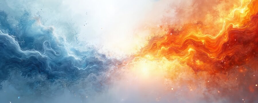 Abstract art depicting fire meeting ice. Dynamic artwork displays contrast between warm orange flames and cool blue icy formations. Elements clash on a white background.