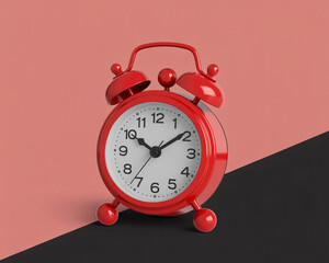 Vibrant red retro alarm clock with twin bells on a modern two-tone pink and black background.