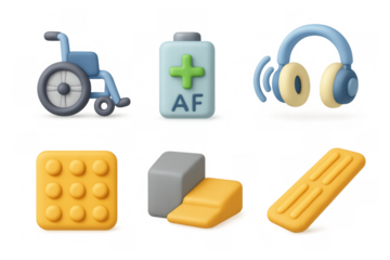 Accessibility icons including wheelchair headphones and audio battery for inclusive design