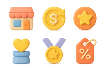 Colorful cartoon icon set featuring shop, star, medal, heart, dollar and discount symbols for creative design