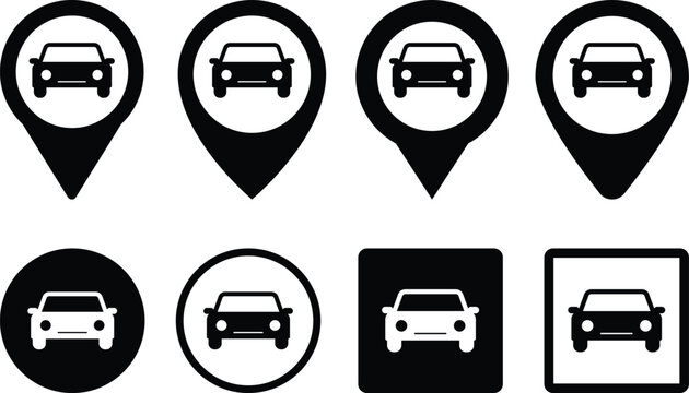 Parking Icon Set. Vehicle Navigation and Smart Parking Symbols. Urban Travel, Car Park, and Transportation Symbol Collection