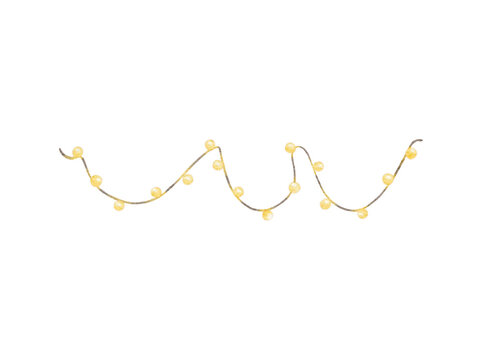 Watercolor vintage Christmas festive garland with yellow glowing lights on string rope isolated on white background. Watercolor and pencil hand drawn illustration sketch