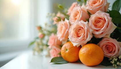 Soft pink and orange roses arranged with fresh oranges beside them. This floral display creates a warm welcoming mood, perfect for greetings or celebrations.
