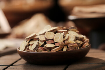 Chinese Licorice Root Herbal Medicine Tablets in Wooden Bowl - Traditional Natural Health Supplement