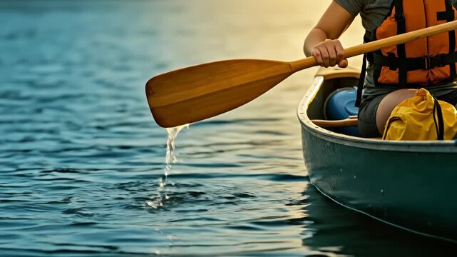 Person canoeing on a lake in slow motion. Close-up of a wooden paddle splashing in the water during a golden sunset. Outdoor adventure and recreation concept