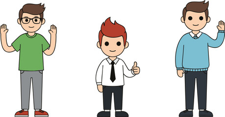 Set of three cartoon male characters in casual and business attire showing friendly hand gestures, greetings, and positive expressions in a clean vector style © MstTanzila
