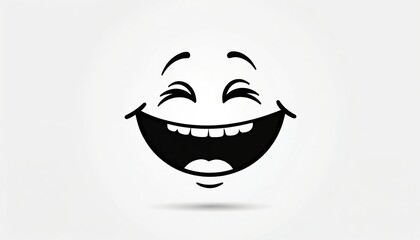 Black and white cartoon face laughing hard. Eyes closed shut from glee. Open mouth shows teeth. Simple illustration conveys joy happiness. Great for comics games apps.