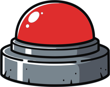 Cartoon illustration of a large red button on a gray base, likely a buzzer for a game show or quiz	
