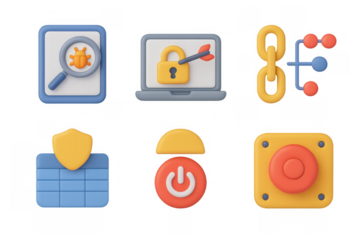 Cyber security icons featuring magnifying glass, lock, chain, shield, computer, and button for digital protection