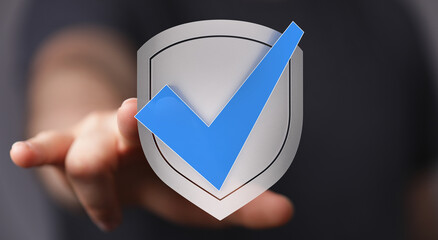 A hand presenting a shield with a checkmark, symbolizing security and confirmation. Perfect for...