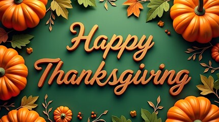 Modern Thanksgiving message surrounded by floating pumpkins on a clean lime-green background