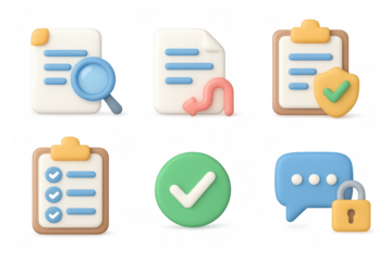 Compliance icons set for documentation and security: checklists, approval, and communication