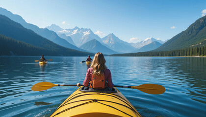 Friends kayaking on a mountain lake, enjoying adventure and nature's beauty together
