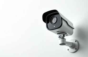 Modern security camera is mounted on a white wall for surveillance. This device offers safety and protection for your home or business premises, recording footage for later review.