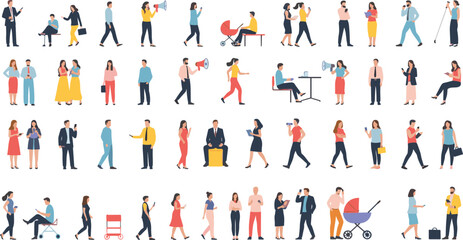 Large collection of diverse people performing everyday activities such as walking, talking, working, parenting, and relaxing, representing modern lifestyle and community interactions in vector style