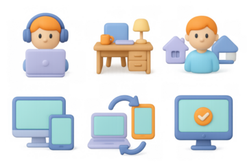 Remote work icons for digital communication and home office design