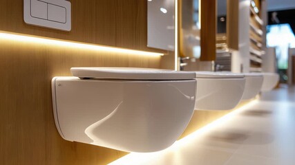 modern toilet models in plumbing department showroom of construction hypermarket, white ceramic surfaces in premium products area