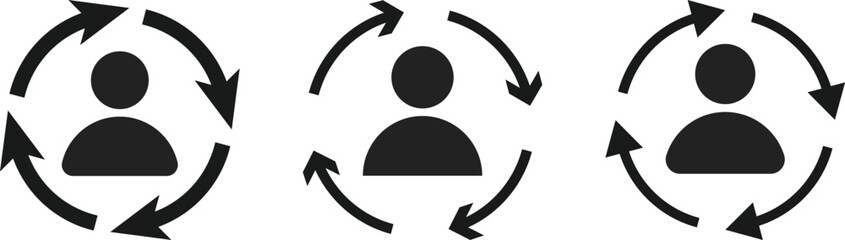 Replace Person Icon Set. User Substitution and Profile Swap Symbols. Switch User and Account Change Management icons collection. Change Profile and User Exchange sign