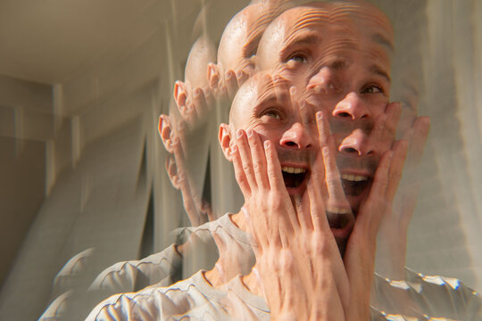 Multiple exposure young man screaming with blurred effect, intoxication, hallucination, illusion experience, dizziness, emotional stress, disorientation, mental health, inner struggle, identity crisis - Powered by Adobe