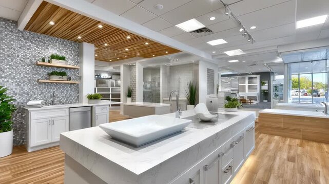 modern hardware center interior with new plumbing collections, bathroom interior solutions on display, showroom lighting,