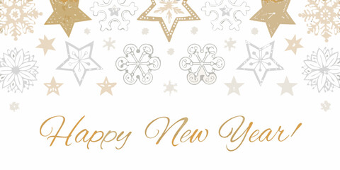 Golden stars and snowflakes with a happy new year greeting card