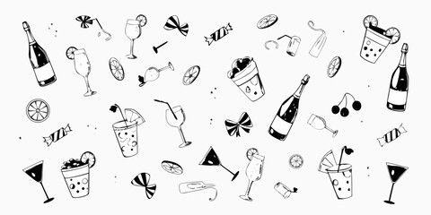 Celebration doodles champagne cocktails cherries and party elements in black and white